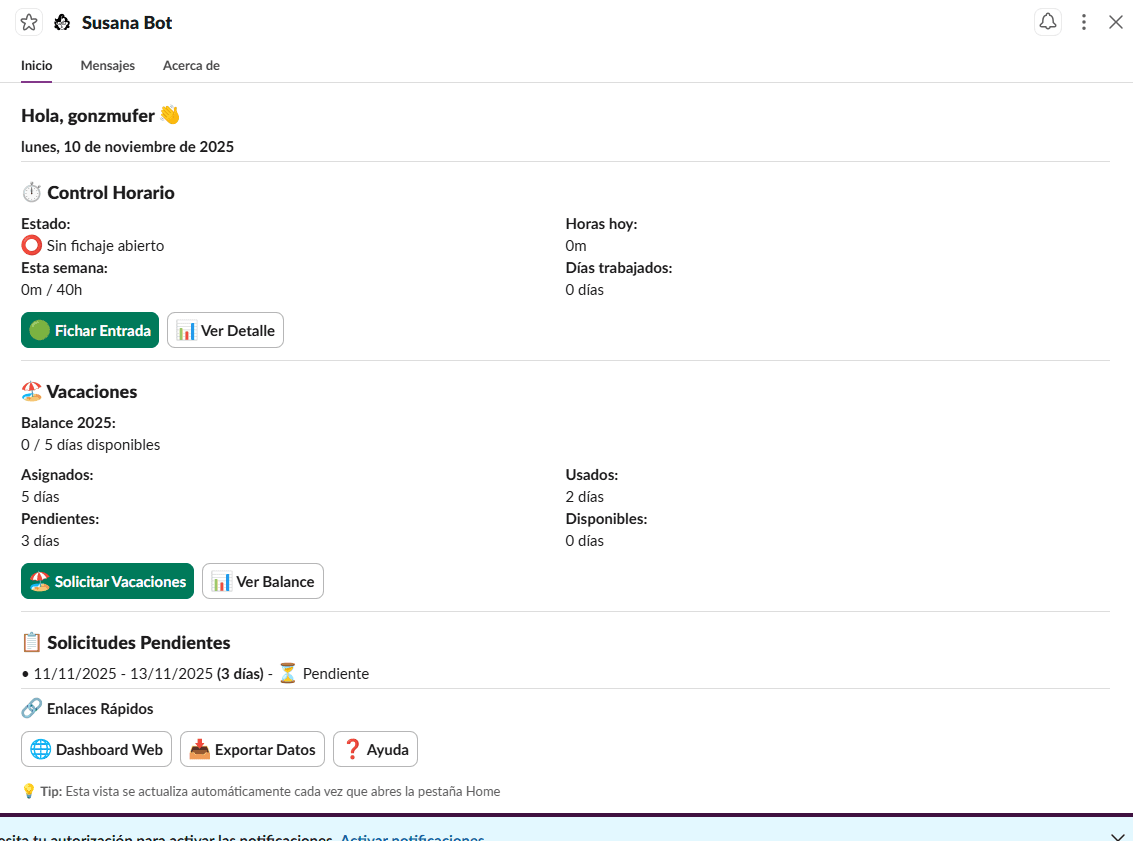 Home Tab de Susana en Slack