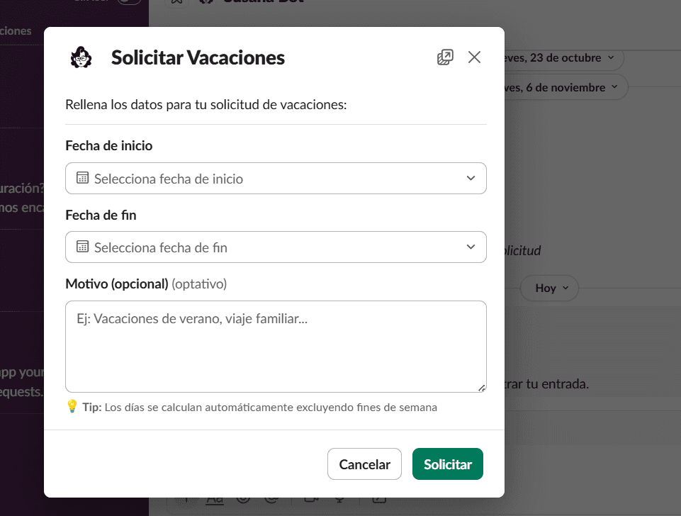 Modal de solicitar vacaciones